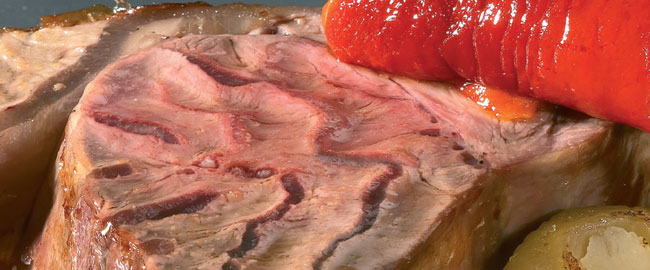 TERNERA GALLEGA ASADA CON PIMIENTOS ROJOS Y CEBOLLITAS